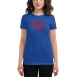 A person wearing a blue t-shirt displays a graphic of two hearts formed with red roses. Below the hearts  the year 2024 is printed in black.