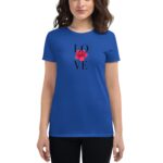 A woman wearing a bright blue t-shirt stands with her arms relaxed at her sides the shirt features the word LOVE in black with a red flower located between the letters O and V