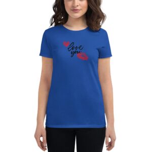 A blue t-shirt features the text love you in a stylized font accompanied by red heart and lip print graphics worn by a woman with dark hair in a neutral setting.