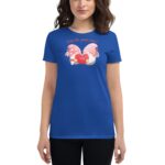 A blue t-shirt features a whimsical graphic of two gnomes holding a red heart with the word "Love" while the text above reads "A love like gnome other" indicating a playful  affectionate theme.