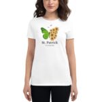 A woman wearing a white t-shirt with a green butterfly design and sunflowers also features the text St. Patrick it's a Lucky Day emphasizing a festive theme.