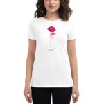 White t-shirt features a pink rose with a leaf and patterned design underneath and includes the text 2024 displayed below the flower on the front.