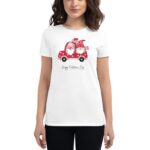A white t-shirt displays a cartoon of two gnomes in a red love-themed car holding an envelope with hearts around them alongside the text Happy Valentine's Day.