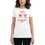 A woman wears a white t-shirt displaying cartoon hearts with arms and legs celebrating Valentine's Day surrounded by cheerful stars and hearts  conveying a festive mood. Text reads "HAPPY VALENTINE'S DAY."