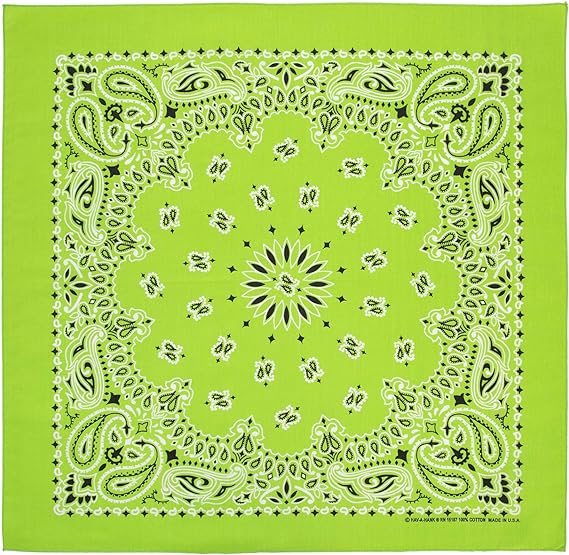 1pc American Made Lime Green Western Paisley Bandanas - Single 1pc - 100% Cotton - 22x22 Inches