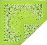 A green bandana features intricate paisley patterns in darker shades of green and black arranged symmetrically across its surface placed on a flat surface.