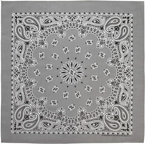 1pc American Made Silver Western Paisley Bandanas - Single 1pc - 100% Cotton - 22x22 Inches