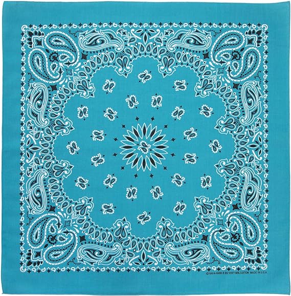 1pc American Made Turquoise Western Paisley Bandanas - Single 1pc - 100% Cotton - 22x22 Inches