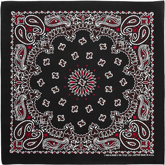 1pc American Made Black/Red/White Western Paisley Bandanas - Single 1pc - 100% Cotton - 22x22 Inches