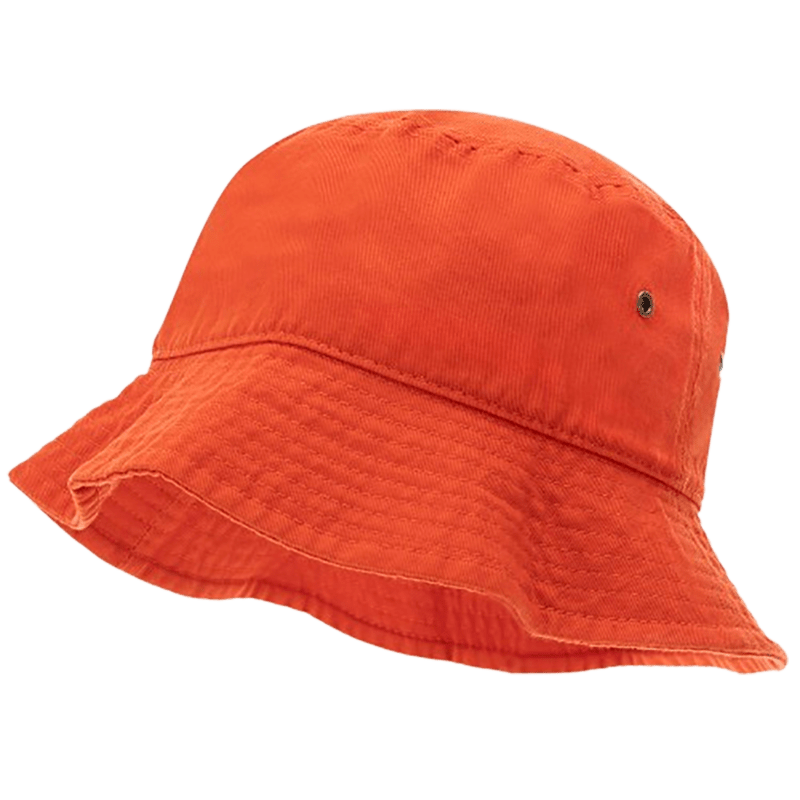 HT0010_LXL_0165-main An orange bucket hat is shown slightly tilted to one side displaying a textured fabric and a wide brim designed for casual wear in outdoor environments.