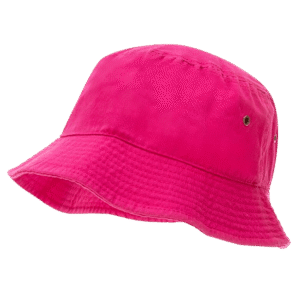 A pink bucket hat is displayed tilted slightly on its side showcasing its wide and floppy brim with a textured surface and small ventilation holes on the sides.