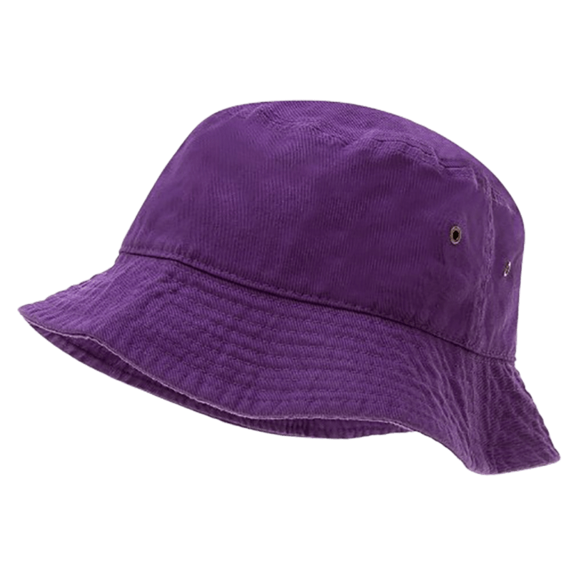 HT0010_LXL_0267-main A purple bucket hat rests at an angle showcasing its soft fabric and wide brim designed for casual wear and sun protection without any visible text or branding.