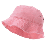 A pink bucket hat sits with a wide brim designed to provide shade its textured fabric is visible indicating softness and casual style suitable for outdoor activities or sunny weather