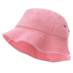 A pink bucket hat sits with a wide brim designed to provide shade its textured fabric is visible indicating softness and casual style suitable for outdoor activities or sunny weather