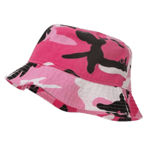 A pink camouflage bucket hat is displayed tilted slightly to one side showcasing its wide brim and playful patterns against a solid green background ideal for casual outdoor wear.