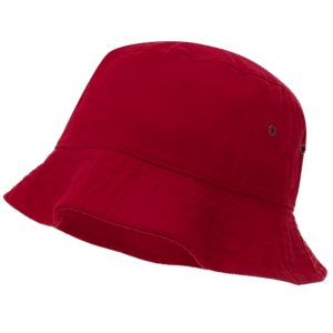 A red bucket hat rests on a surface with a soft texture and a wide brim that slopes downwards providing shade and protection from the sun.