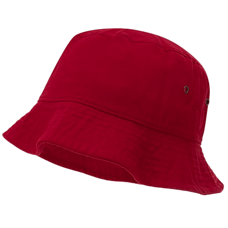 HT0010_SM_0199-main A red bucket hat rests on a surface with a soft texture and a wide brim that slopes downwards providing shade and protection from the sun.
