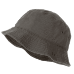 A dark gray bucket hat is positioned at an angle to showcase its soft fabric and wide brim with slightly textured detailing resting against a transparent background.