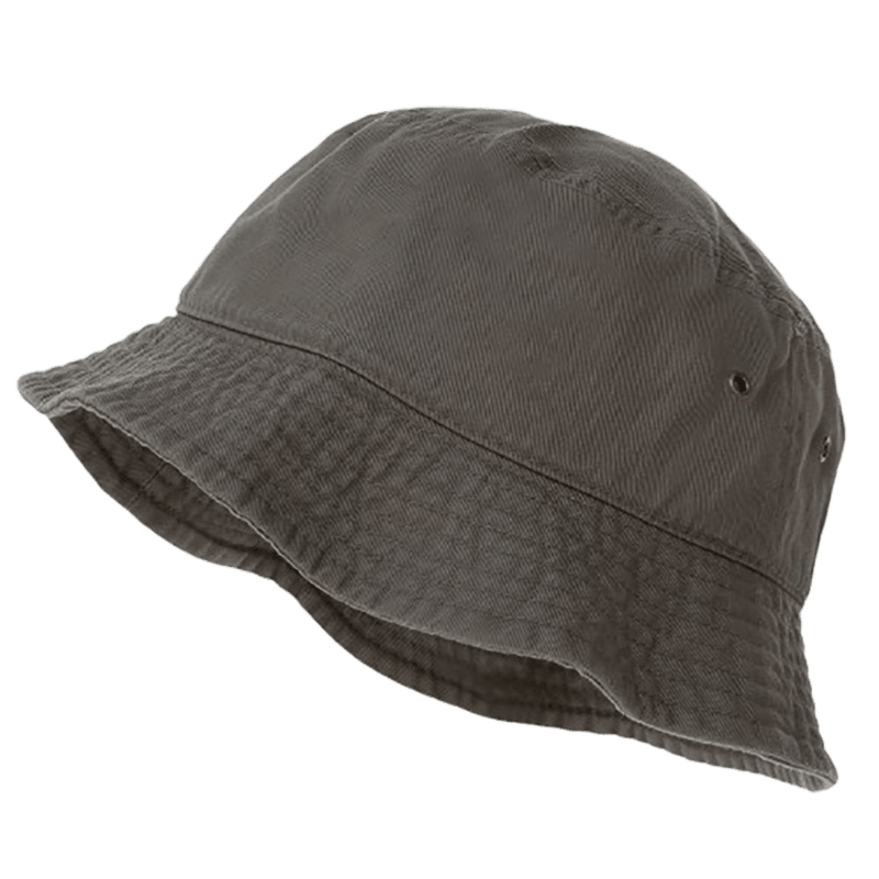 HT0010_SM_0384-main A dark gray bucket hat is positioned at an angle to showcase its soft fabric and wide brim with slightly textured detailing resting against a transparent background.