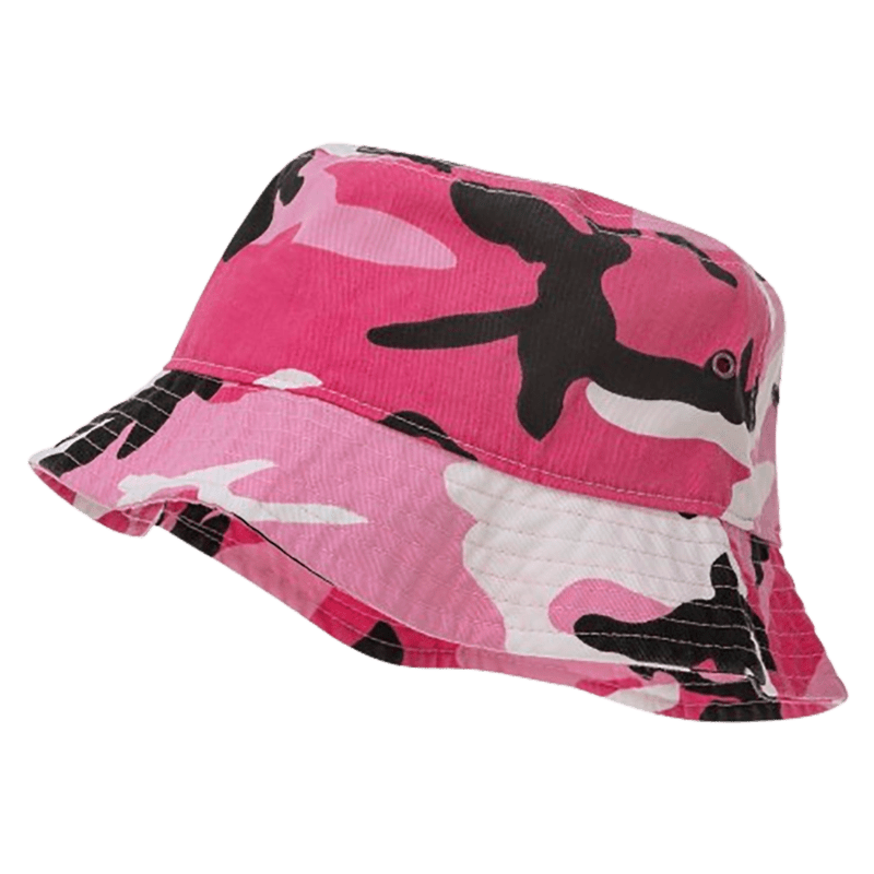 HT0010_SM_3004-main A pink camouflage bucket hat sits tilted with a wide brim showcasing black and white patterns against a solid green background suggesting a casual and trendy style for outdoor wear.