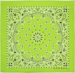 A vibrant lime green bandana with an western paisley design, made in America from 100% cotton. Measures 22x22 inches.