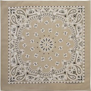 A single beige western paisley bandana, made in America from 100% cotton, measuring 22x22 inches.