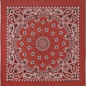 A single American-made terracotta western paisley bandana made of 100% cotton, measuring 22x22 inches.