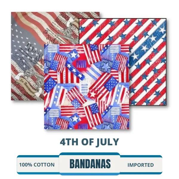 A collection of red, white, and blue bandanas featuring American flag designs for sale. Perfect for celebrating 4th of July festivities. Available for bulk purchase, wholesale, and custom orders. Great for patriotic events and even for dogs.