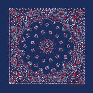A single 1pc American Made bandana featuring a red and blue western paisley design. Made of 100% cotton and measuring 22x22 inches.