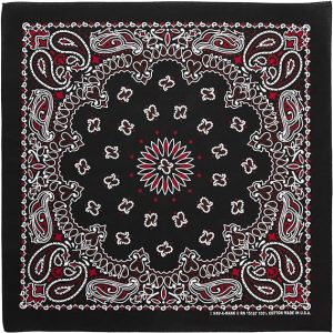 A single American-made bandana featuring a bold black, red, and white paisley design with an western. Made from 100% cotton and measuring 22x22 inches.