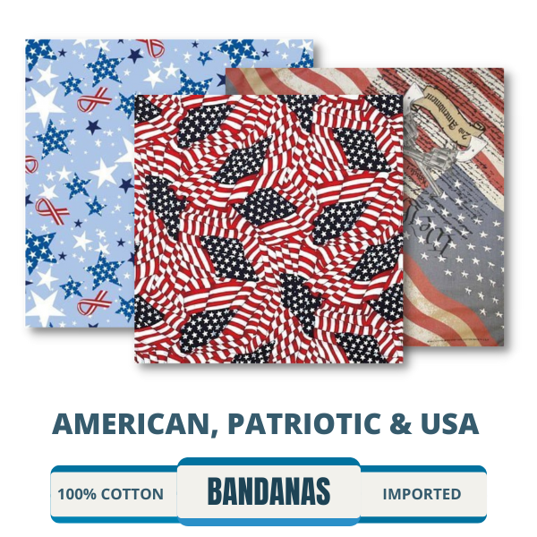 A pack of American flag bandanas featuring red, white, and blue designs, perfect for Fourth of July and Independence Day celebrations. Get your patriotic accessories now with these wholesale USA bandanas for sale in bulk.