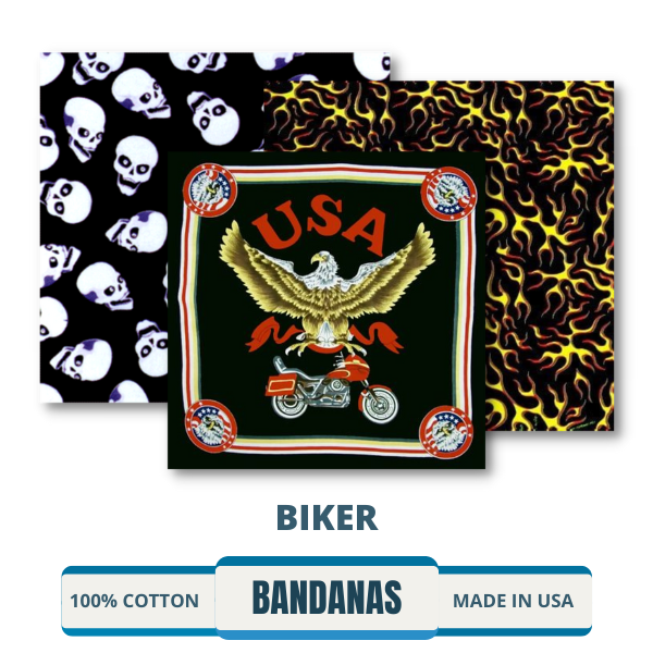 Variety of biker bandanas for sale including wholesale bulk options. Perfect for motorcycle riders looking for tough headwear. Customize your own biker bandanas.