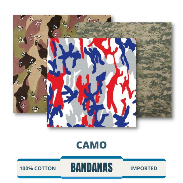 A selection of Camo Bandanas for Sale including Wholesale, Bulk, Green, Army, Military, Hunting, Outdoor, and Authentic Camouflage Bandanas. Perfect for outdoor activities.