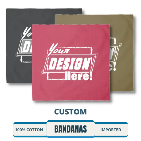A variety of custom bandanas in different colors and designs, including personalized and logo options for sale in bulk or wholesale quantities. Perfect for events, merchandise, or promotional purposes.