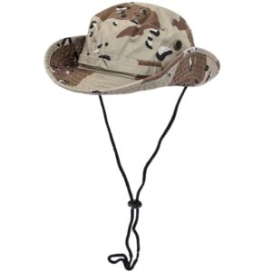 A camouflage bucket hat is displayed standing upright the hat has a wide brim and a chin strap attached the background is plain and neutral in color