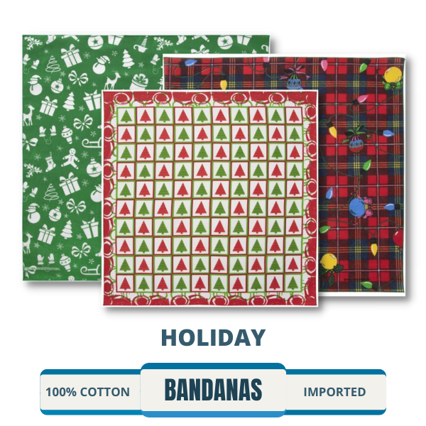 Colorful bandanas featuring festive designs for various holidays such as Christmas, Easter, 4th of July, Thanksgiving, New Year's, Halloween, and more. Great for adding a fun and whimsical touch to any outfit throughout the seasons.