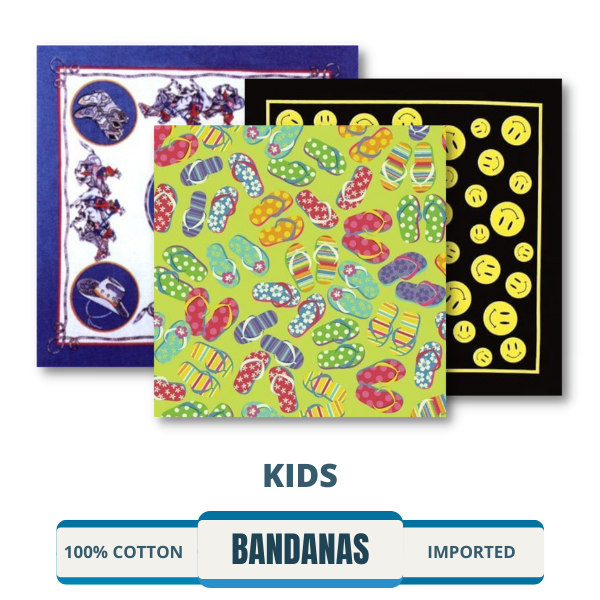 Colorful bandanas made specifically for kids, featuring patriotic designs, holiday themes, flags, stars, skulls, and Southwestern patterns. Available in various state flag options and American designs. Perfect for wholesale or bulk purchases. Buy these unique and vibrant bandanas for kids today!