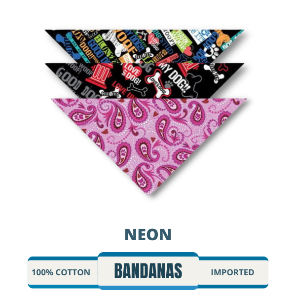 Neon Bandanas for sale - bright, colorful neon bandanas in various designs. Perfect for wholesale or bulk buy, including triangle, paisley, headband, sports, dog, and flag bandanas.