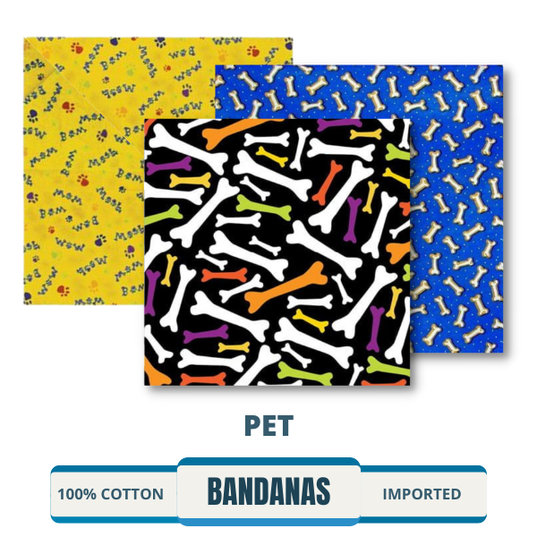 Colorful pet bandanas featuring various designs and patterns, perfect for dressing up your furry friend. Purchase in bulk for wholesale prices or personalize with your pet's name. Fun and affordable options available, including patriotic styles. Buy online now!
