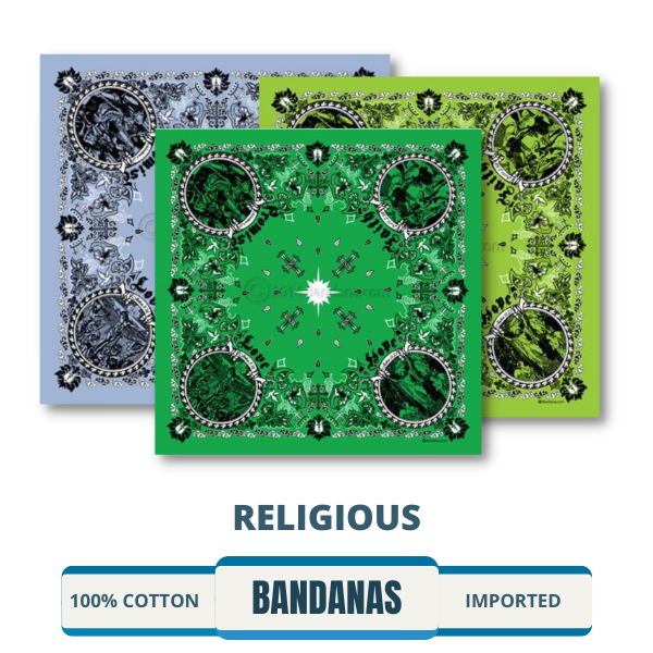 A collection of religious bandanas including Christian bandanas, cross bandanas, faith bandanas, and inspirational bandanas. Available for wholesale and bulk purchase, these religious gifts are perfect for sale at any religious event or store.