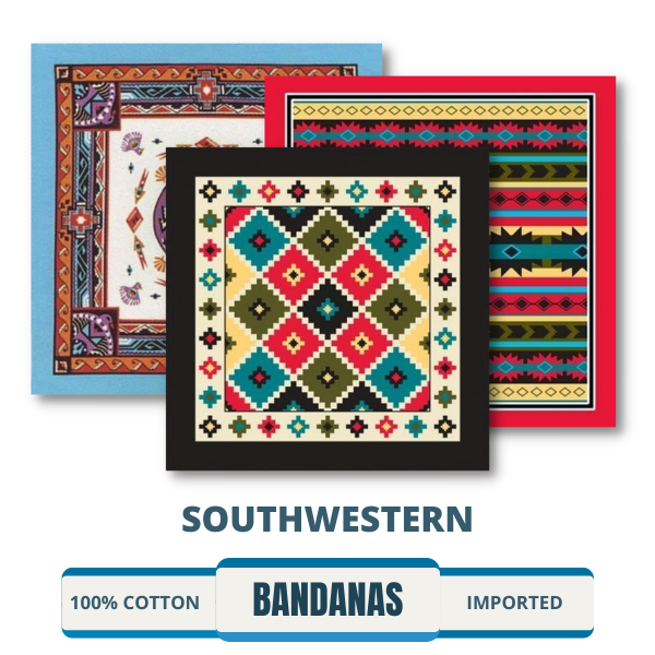 Southwestern Bandanas featuring traditional prints and designs. Perfect for wholesale, bulk purchases. Buy at a discount for authentic Southwest style bandanas.