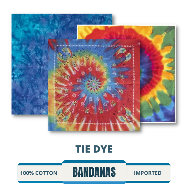 A colorful tie-dye bandana that adds a trendy and vibrant touch to any outfit. Perfect for wholesale purchase or buying online, these unique and custom bandanas are both affordable and fashion-forward.