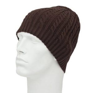 A close-up image of a brown cable-knit beanie hat for women, featuring ribbed trim and made of acrylic material.