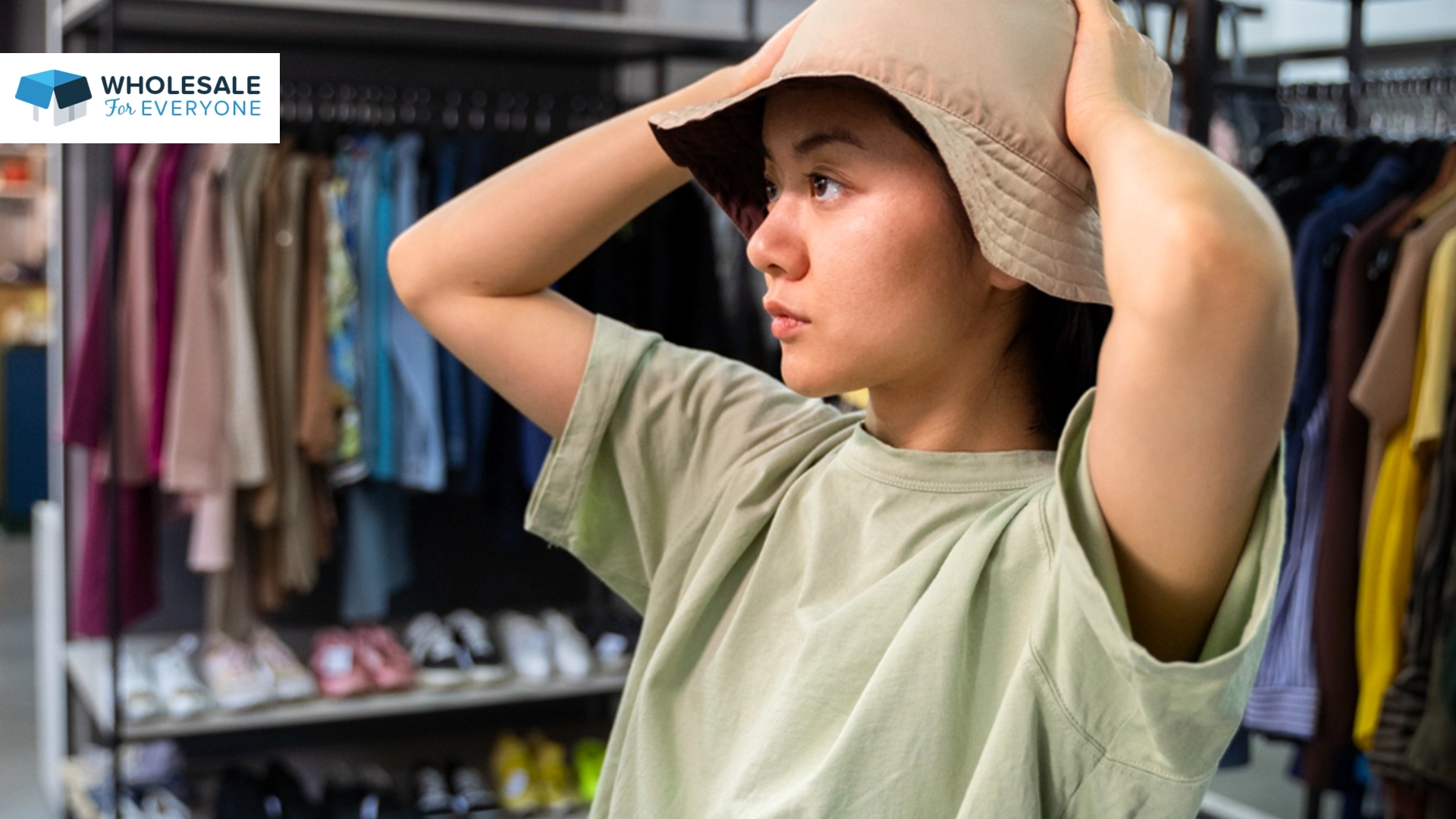 The photo shows a lady in a store fitting a bucket she wants to buy.