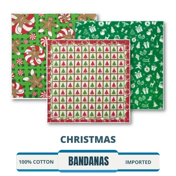 A collection of festive Christmas bandanas for sale, perfect for retail or wholesale purchase. These holiday-themed bandanas come in red and green colors, featuring Merry Christmas designs. Purchase in bulk for a great deal from a trusted Christmas bandanas supplier.