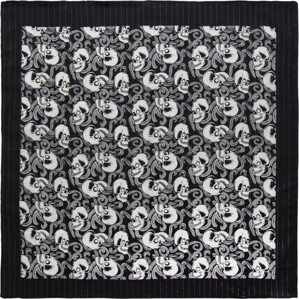 A black metallic bandana with a skulls lurex paisley design, measuring 22x22 inches.