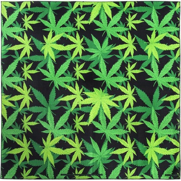 A black cannabis leaf patterned bandana on a white background.