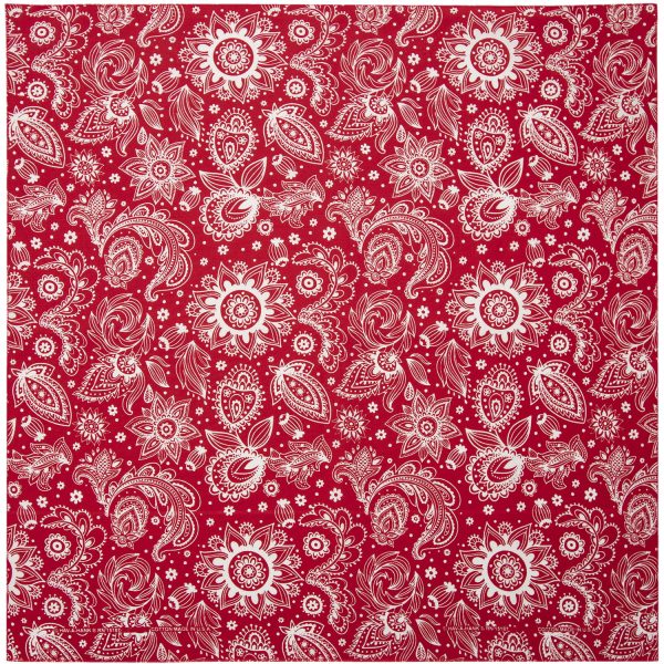 A red bandana with a vibrant paisley flower design, measuring 22x22 inches.
