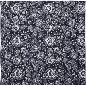 A navy bandana featuring a paisley flower design, measuring 22x22 inches.