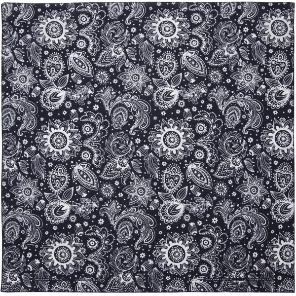 A navy bandana featuring a paisley flower design, measuring 22x22 inches.